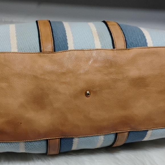 SALE! Auth Gucci Blue & White Striped Leather Trim Travel/Duffle Bag W Strap - Picture 7 of 16